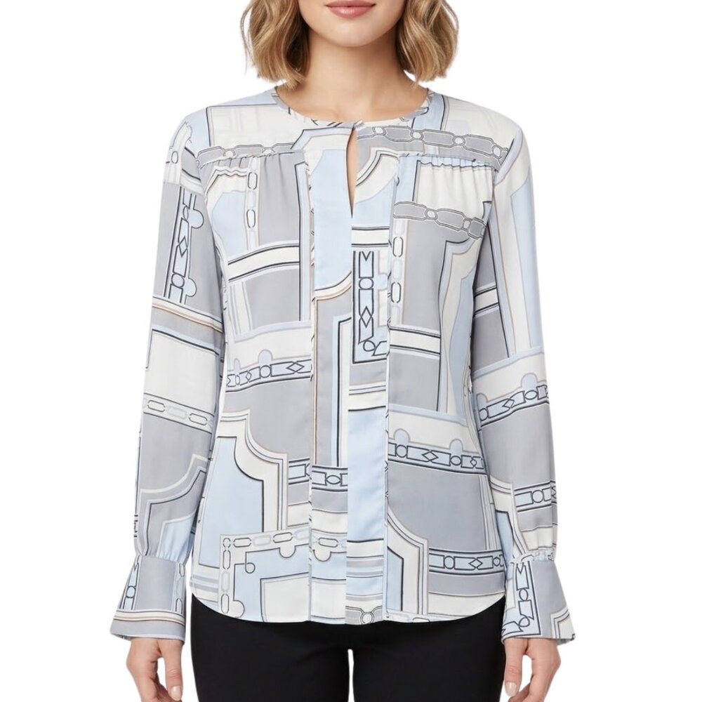 Ann Taylor Geometric Chain Print Blouse Blue Grey Keyhole Long Sleeve Medium